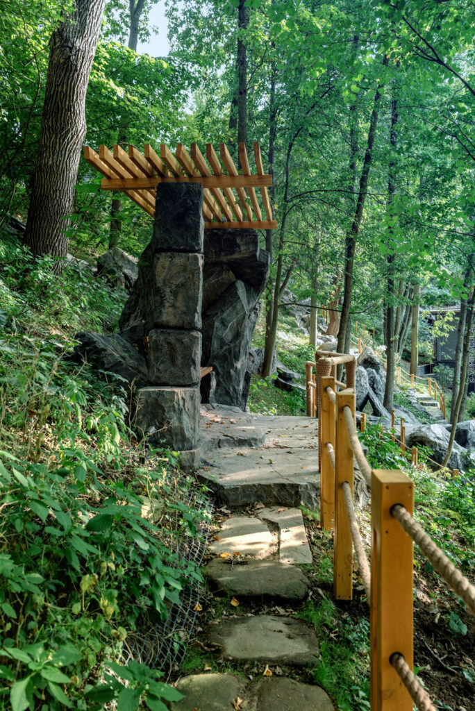 Sculpted landscape with rock, water and terrain